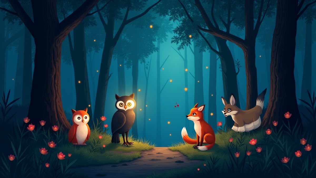 Animales místicos como búhos y zorros brillantes en un bosque mágico.