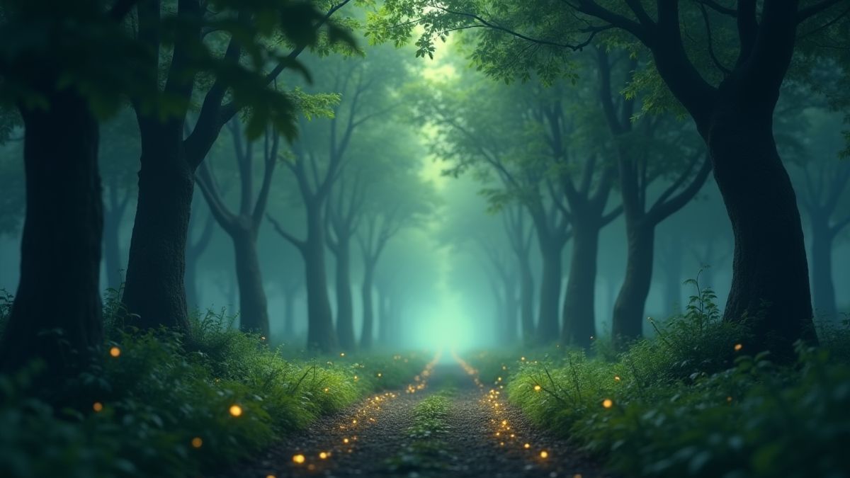 Ein ruhiger Wald mit leuchtenden Runen und nebligen Pfaden.