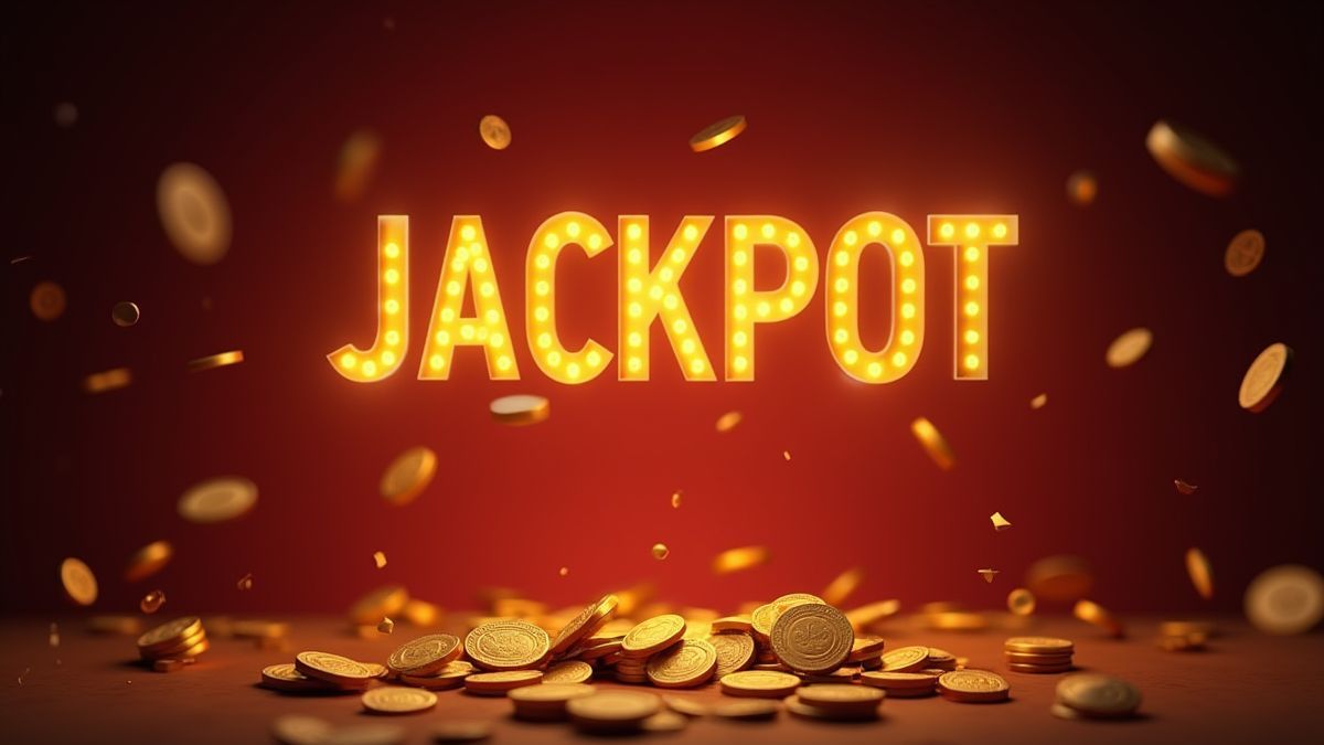 Cartel de jackpot rodeado de monedas en un entorno de casino.