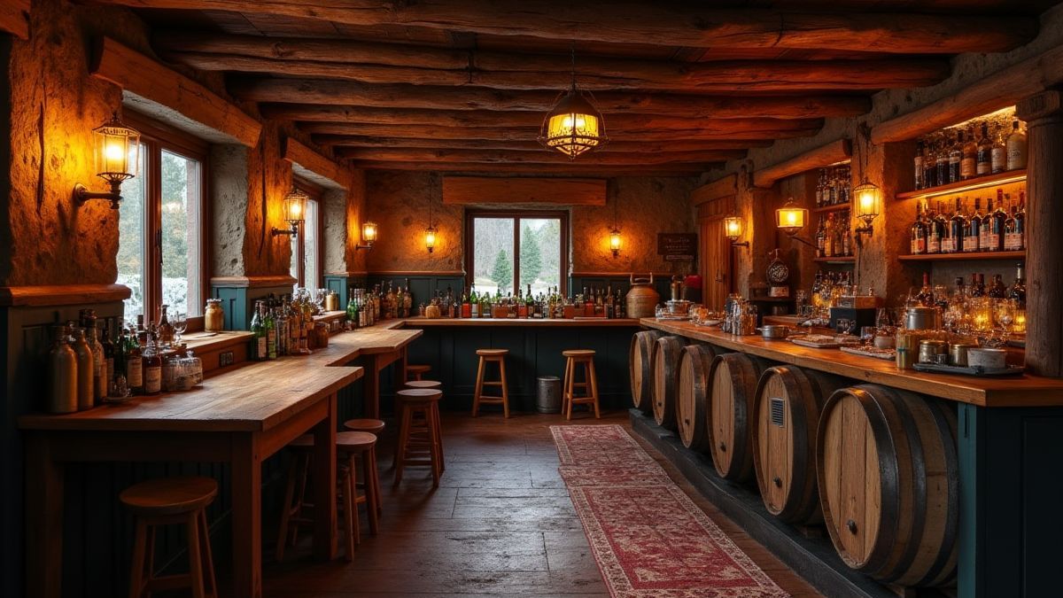 Una taberna nórdica con barriles y decoraciones vikingas.