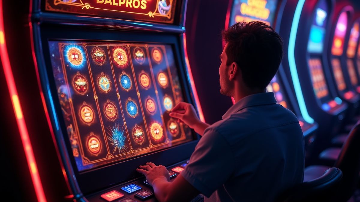 Ein Spieler, der die Einsätze an einem leuchtenden Spielautomaten mit magischen Symbolen anpasst.
