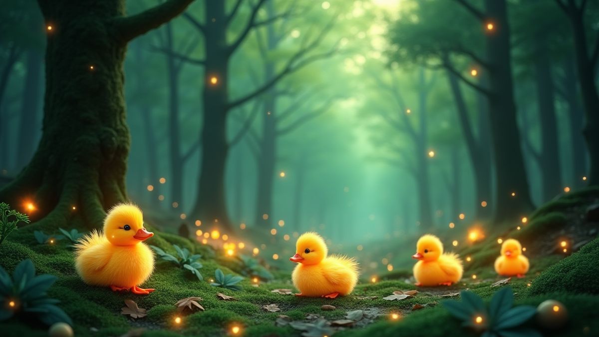 Un bosque mágico con amuletos de la suerte brillantes y patos.