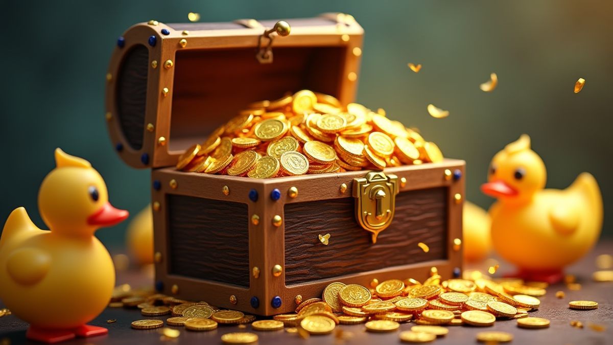 Un cofre del tesoro lleno de monedas doradas y amuletos de la suerte rodeado de patos animados.
