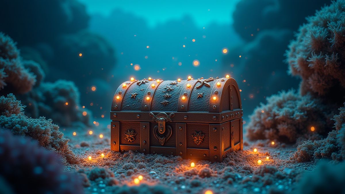 Un cofre del tesoro rodeado de corales brillantes y perlas.