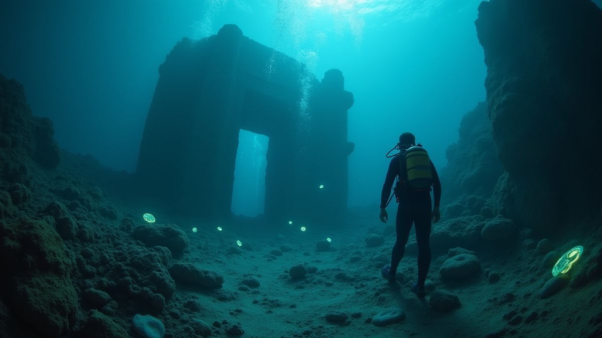 Un buceador explorando ruinas submarinas junto a criaturas marinas brillantes.