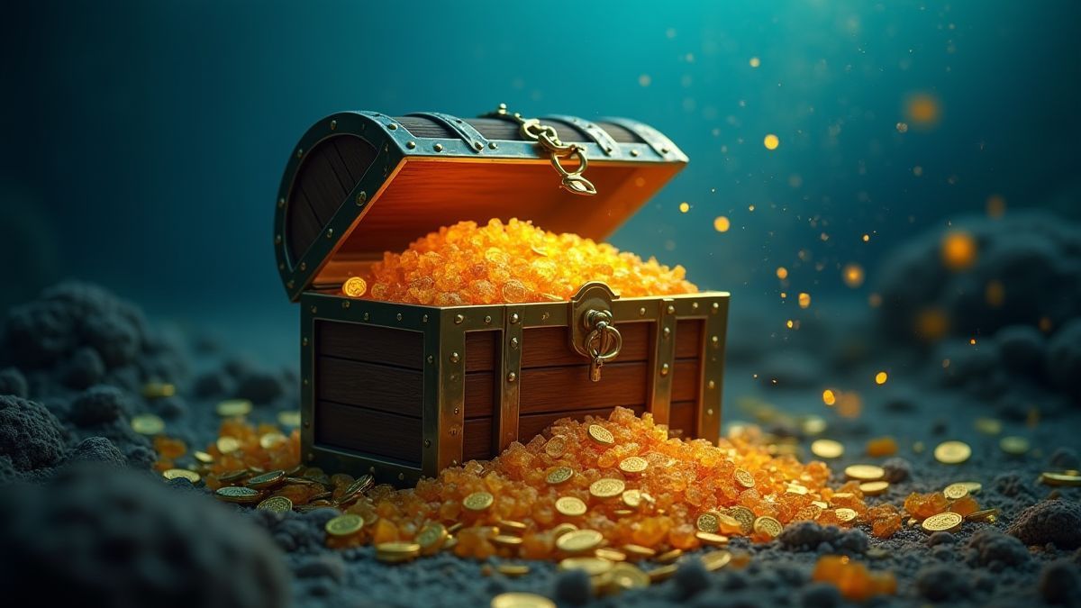 Un cofre del tesoro brillante lleno de monedas de oro y joyas bajo el agua.
