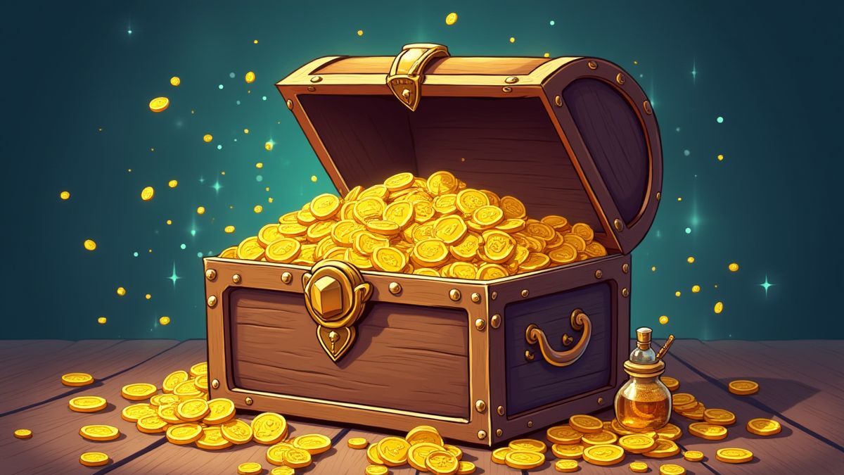 Baú do tesouro cheio de moedas de ouro e itens mágicos como espadas e poções.