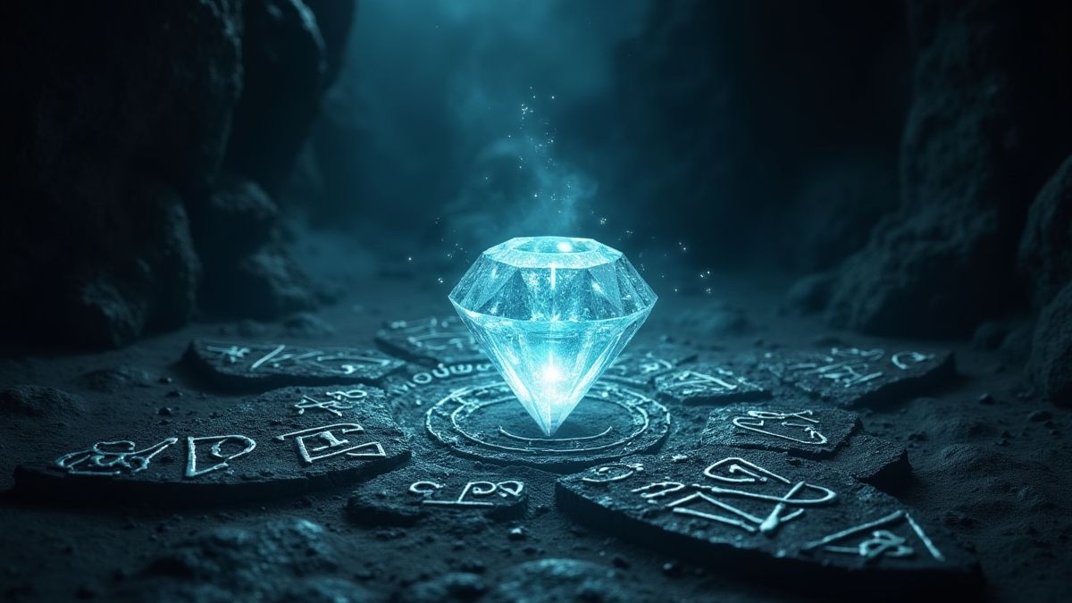 Um diamante brilhante rodeado de runas mágicas em uma masmorra escura.