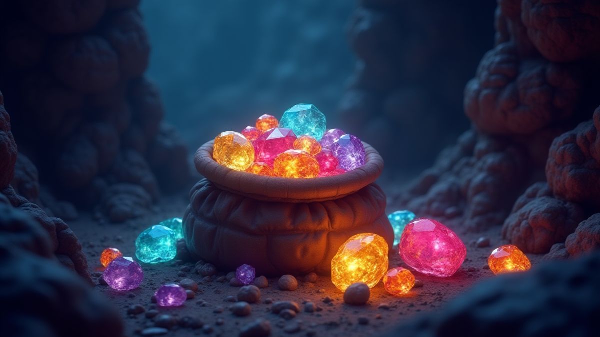 Uma bolsa de tesouros cheia de gemas brilhantes em uma caverna mística.