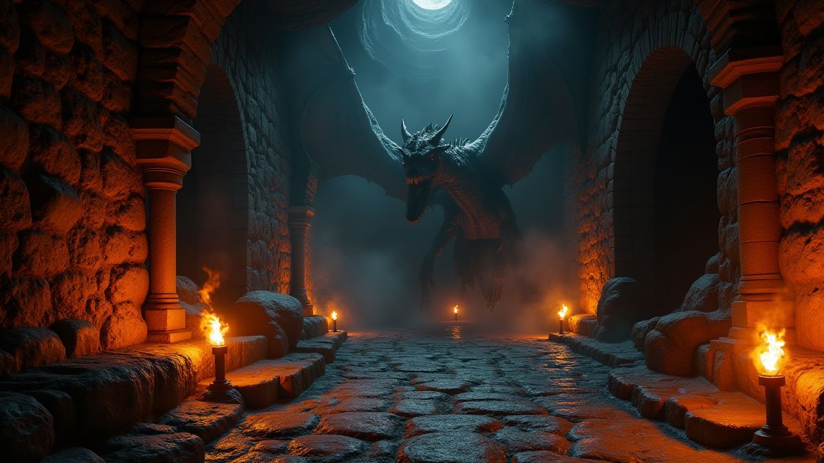Un donjon médiéval avec des torches brillantes et un dragon se cachant dans l'ombre.