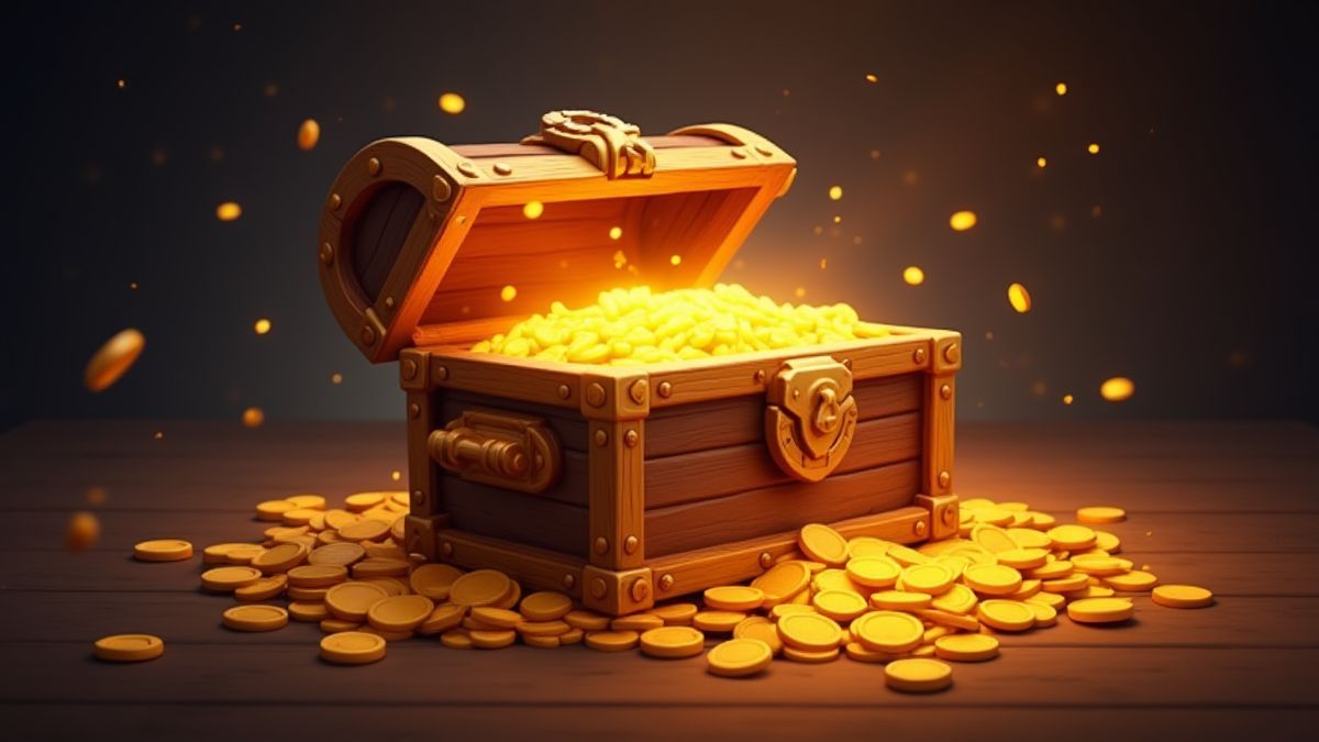Un coffre au trésor brillant entouré de pièces d'or et d'étincelles magiques.