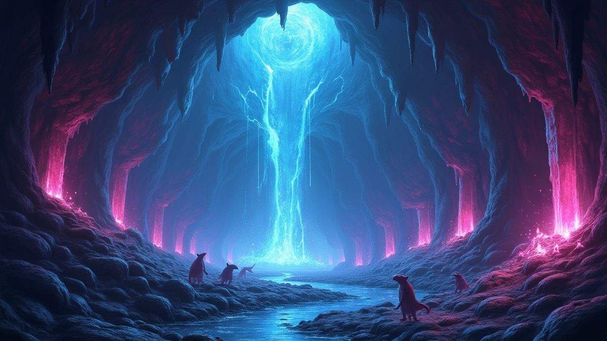 Une cueva llena de cristales resplandecientes y criaturas misteriosas.