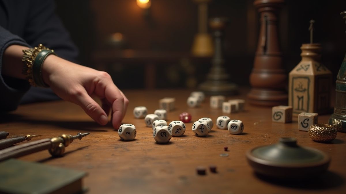 Une main lançant des dés sur une table entourée d'objets de fantaisie.