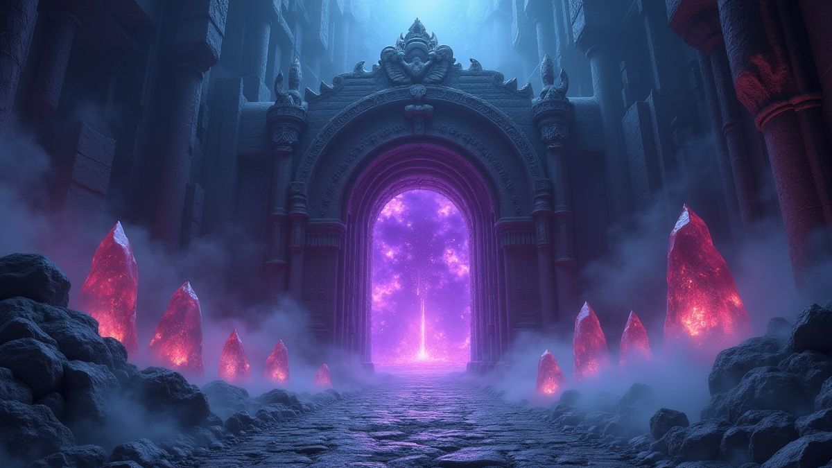 Entrada de una mazmorra mística rodeada de cristales brillantes y niebla.