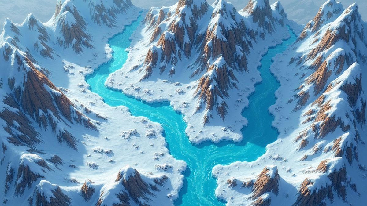 Mapa de fantasía nevado con caminos y símbolos místicos.