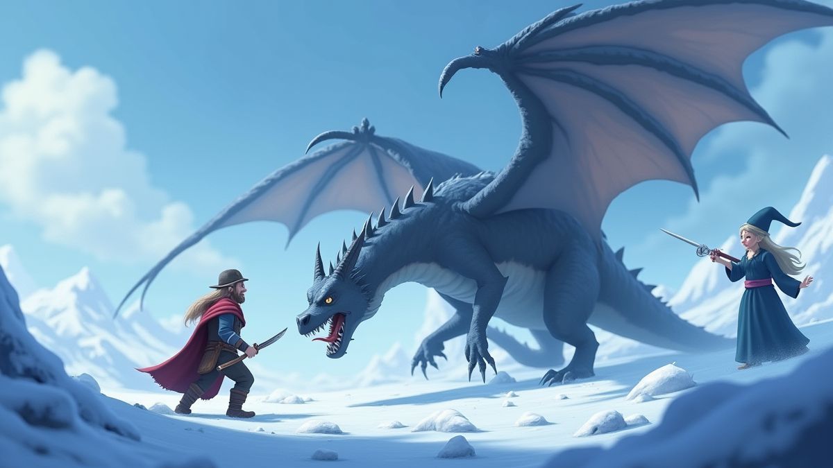 Guerrero y mago luchando contra un dragón en un paisaje helado.