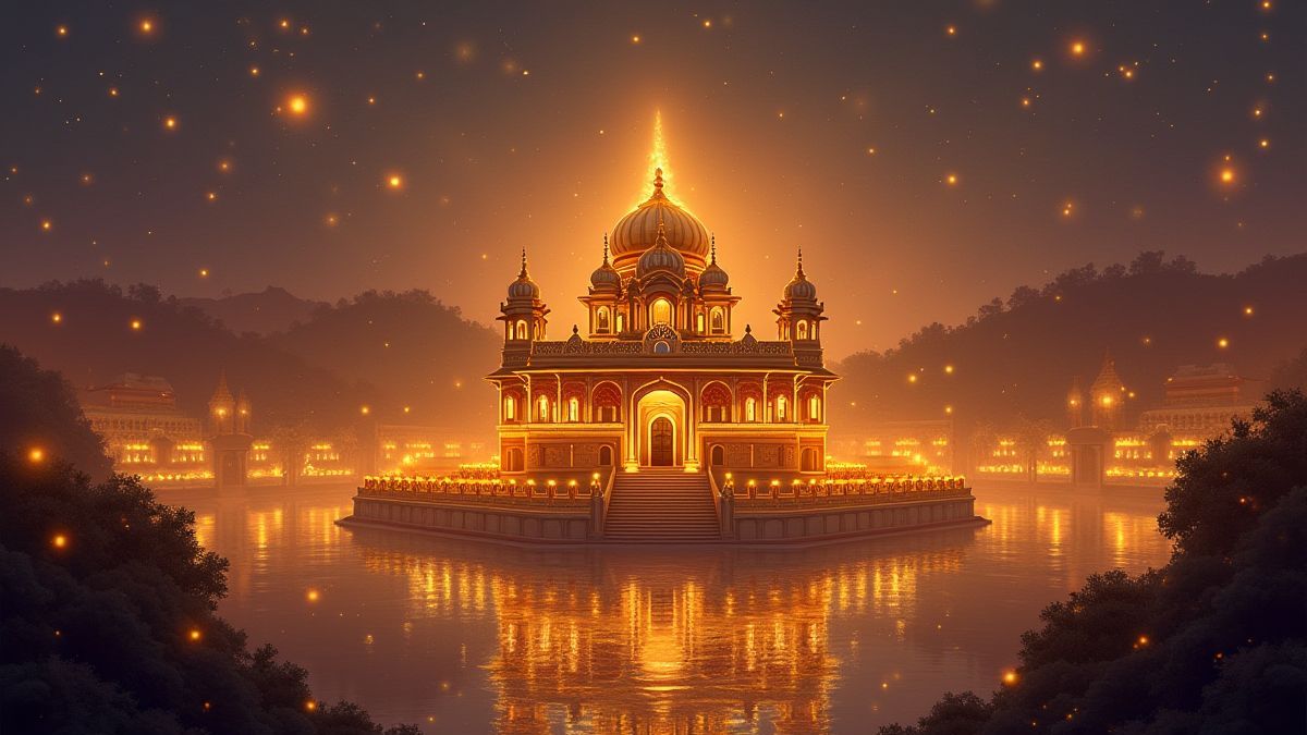 Bild eines goldenen Tempels, umgeben von mystischen Lichtern in einer alten indischen Landschaft.