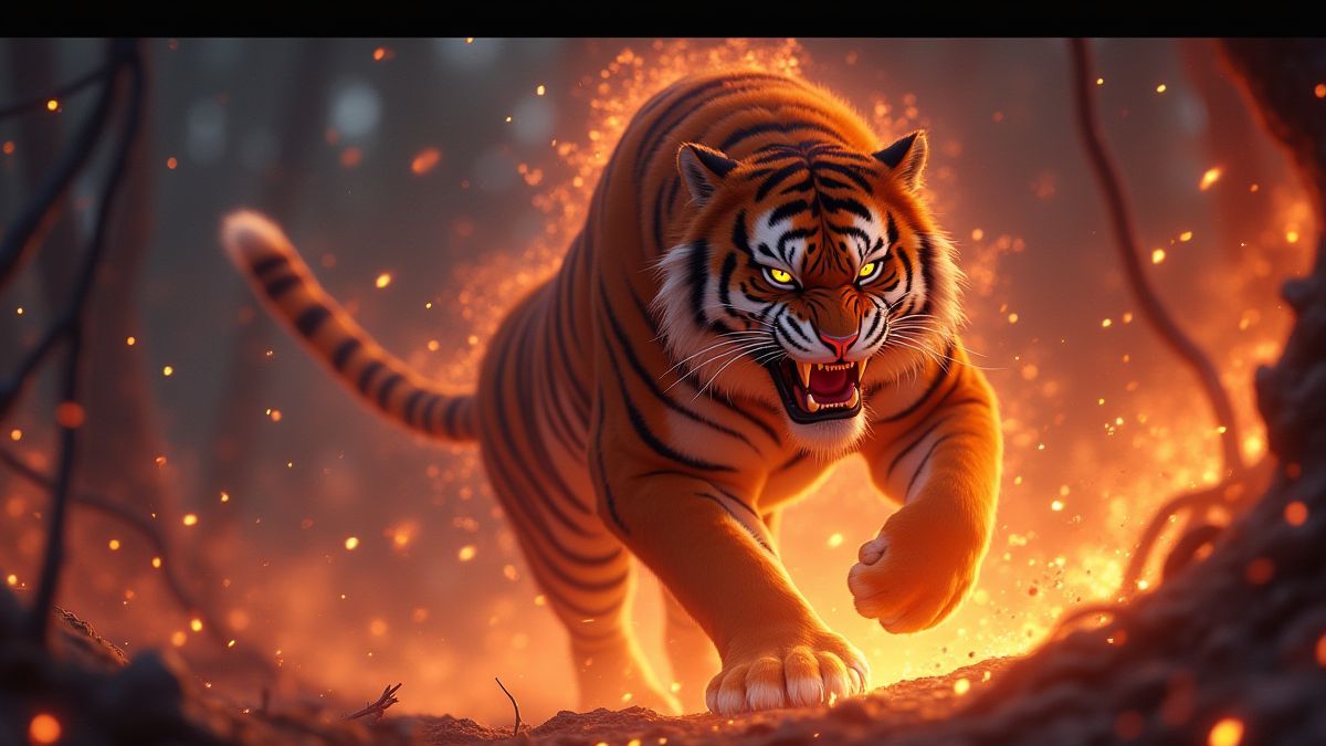 Bild eines wilden Tigers, umgeben von leuchtenden mystischen Elementen, die Macht repräsentieren.