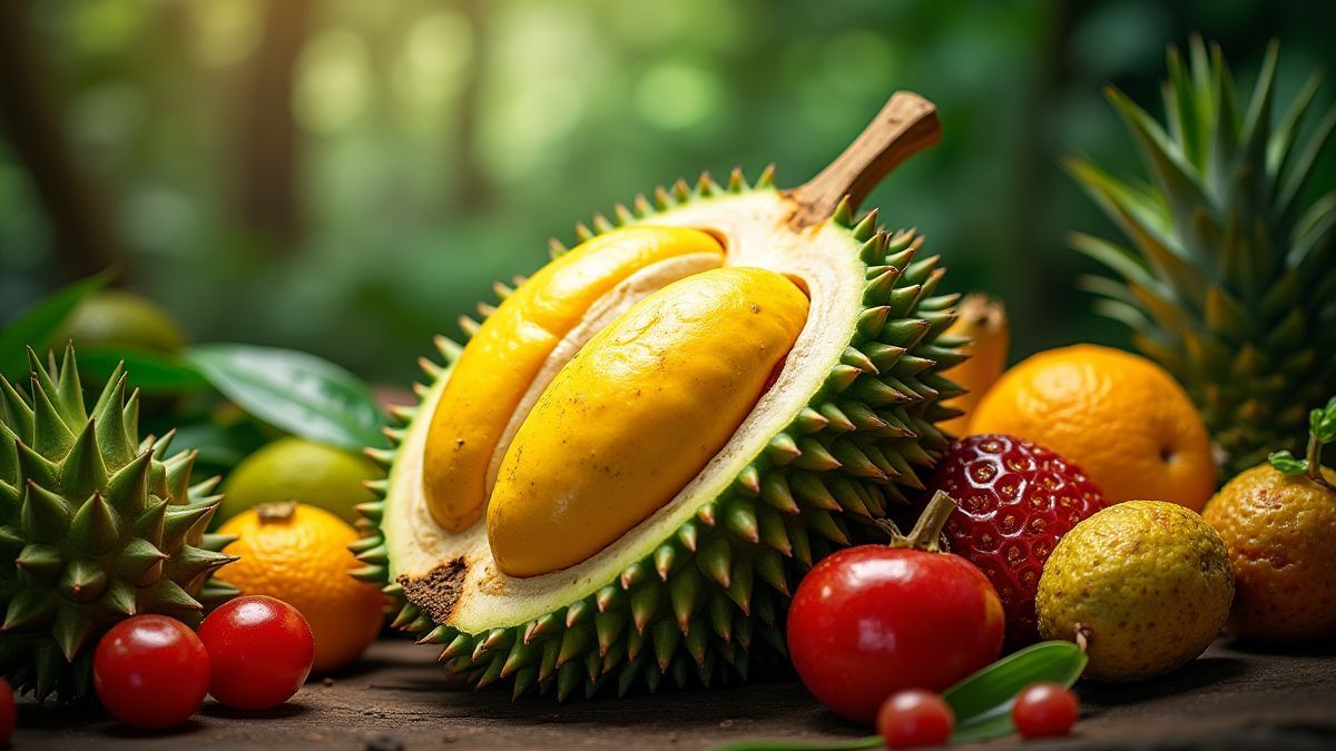 Un durian como protagonista rodeado de frutas tropicales en una jungla vibrante.