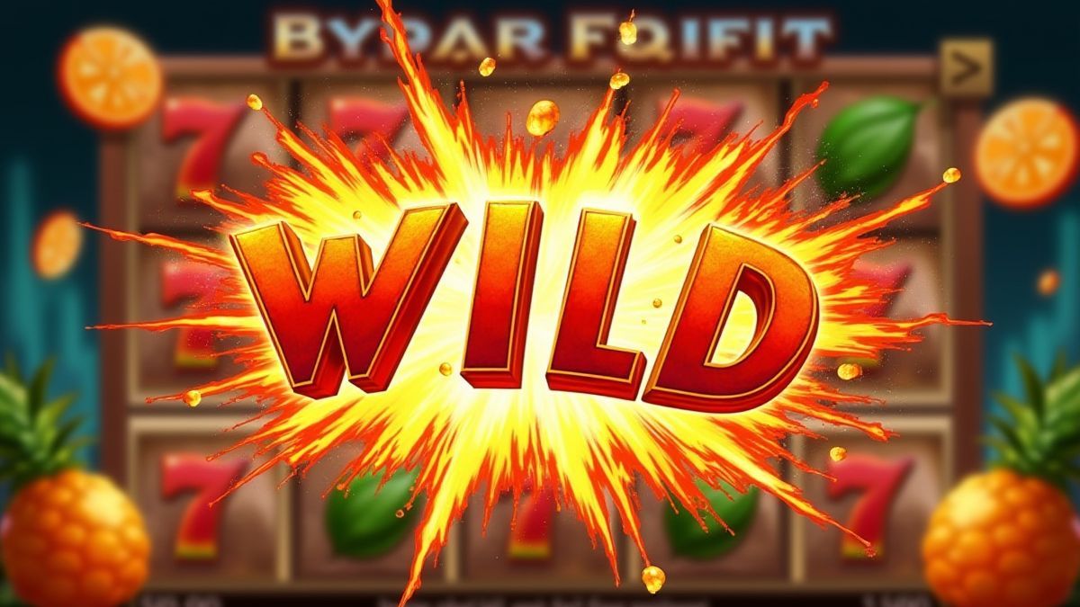 Explosión de símbolos Wild en los carretes con frutas tropicales de fondo.