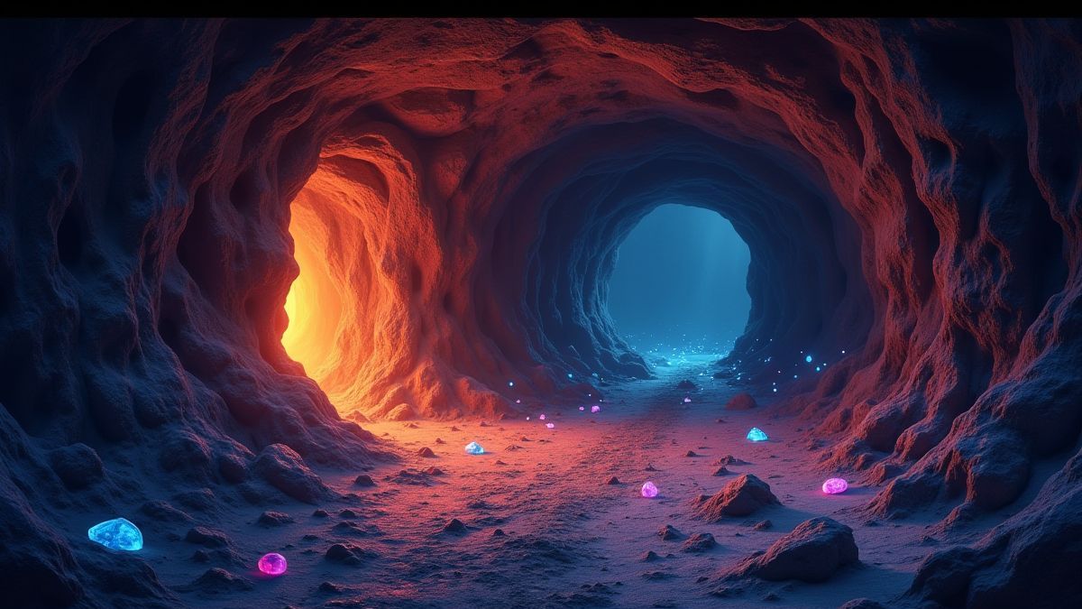 Een ondergrondse mijn verlicht met edelstenen op de vloer en de muren.