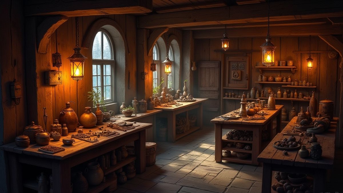 Een dwergwerkplaats vol gereedschappen en schatten onder het licht van de lampen.