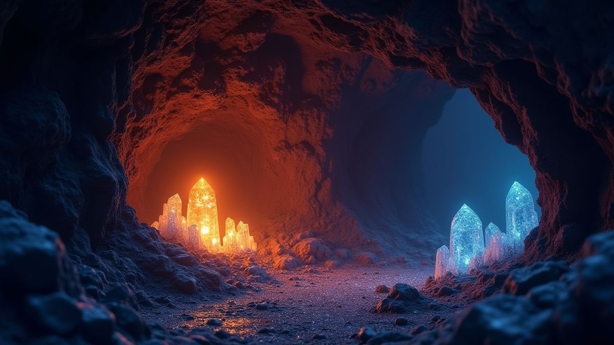 Uma mina encantada com cristais brilhando magicamente.