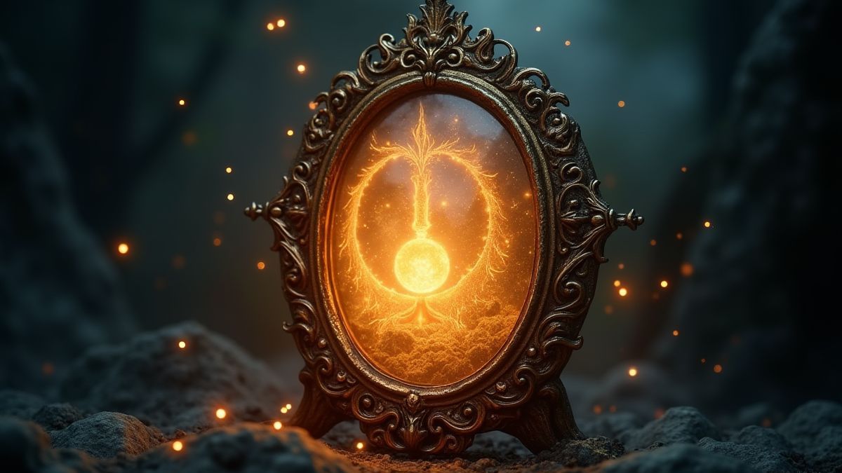 Um espelho mágico que brilha com luz encantada.