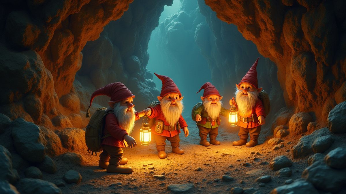 Zwerge mit Laternen, die eine Höhle voller Gold erkunden.