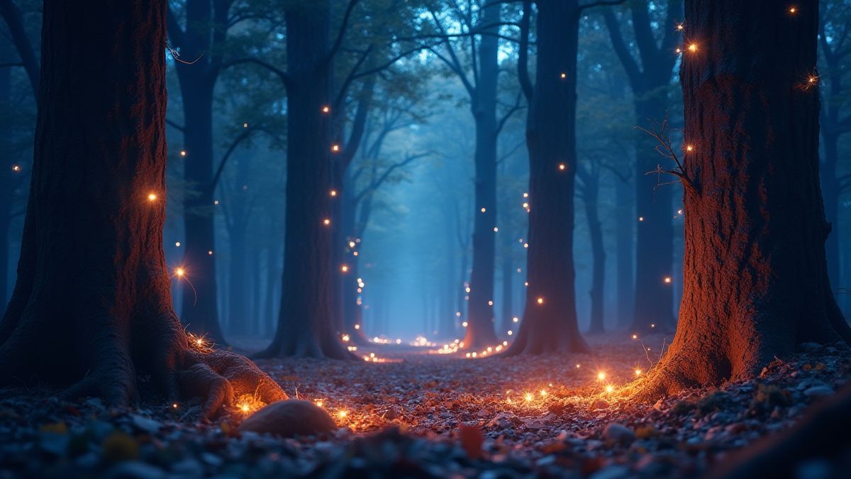 Magischer Wald mit leuchtenden Bäumen und verstreuten Schätzen.