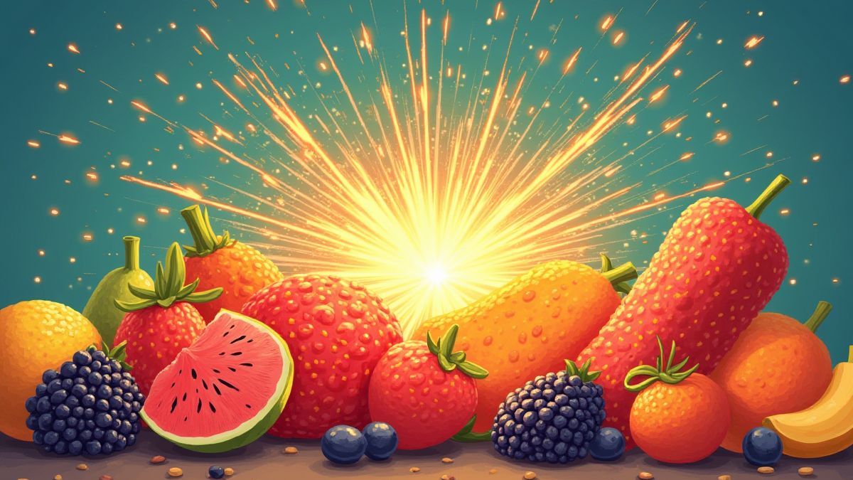 Colorful fruits exploding with dynamite sparks.