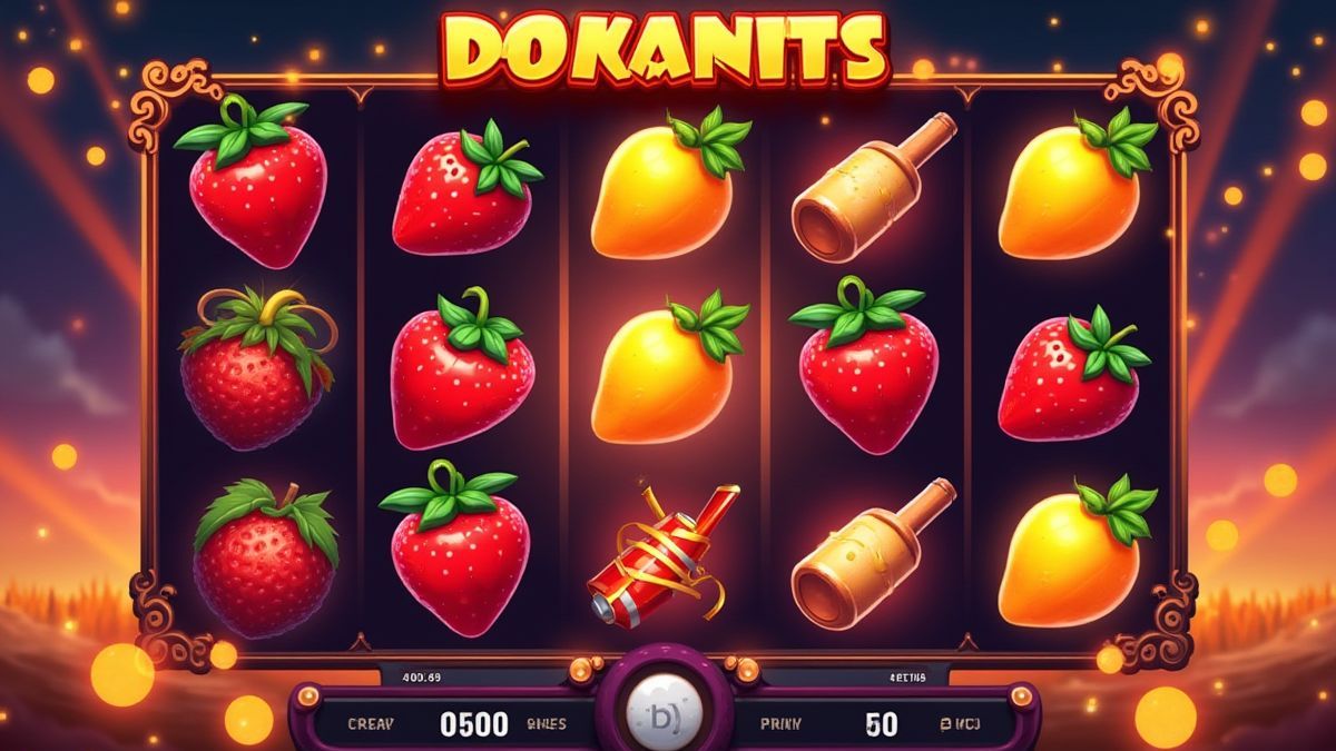 Slot machine interface with shining fruits and dynamite.