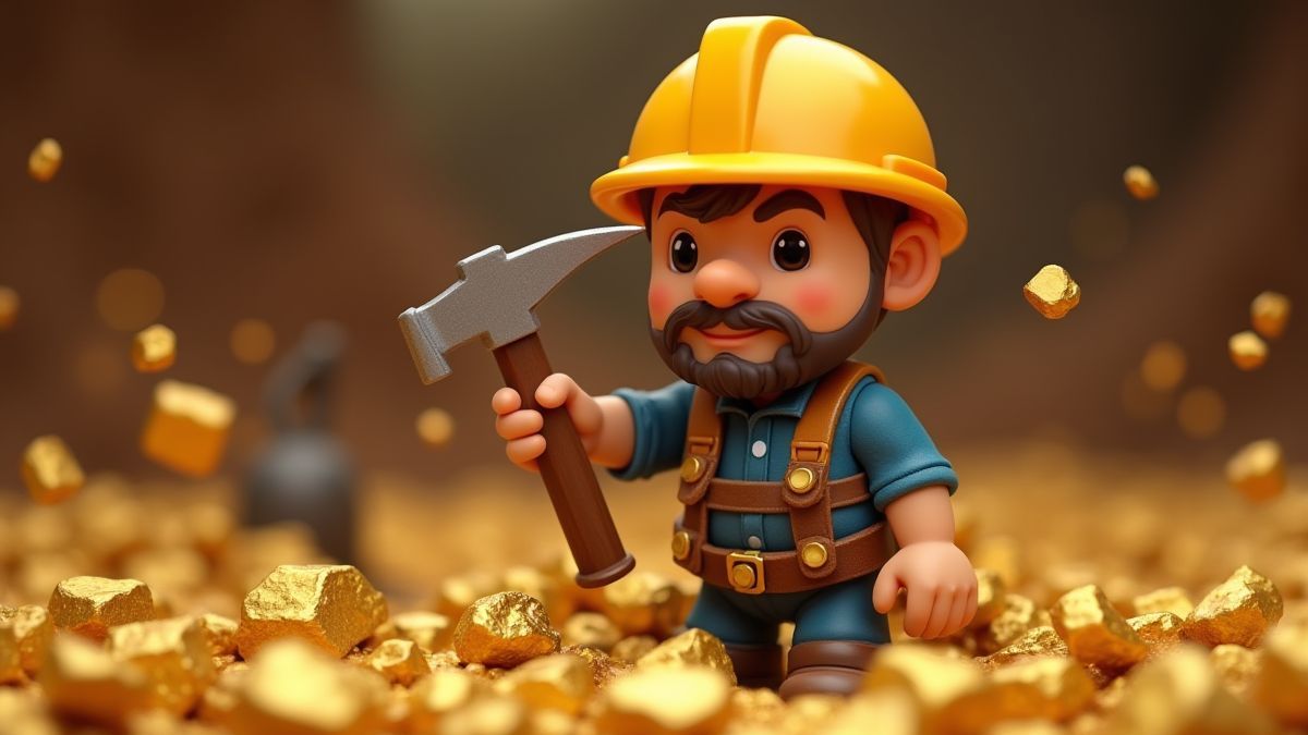 A miner holding a pickaxe surrounded by gold nuggets.