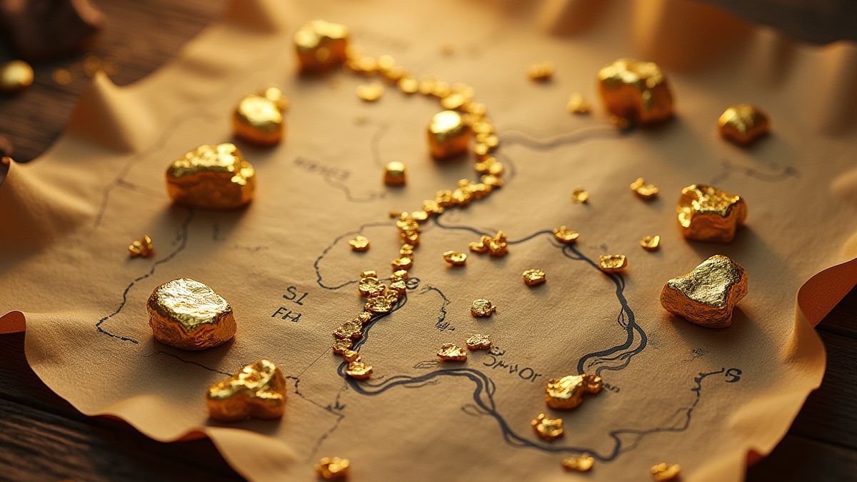 A treasure map showing a path to gold nuggets.