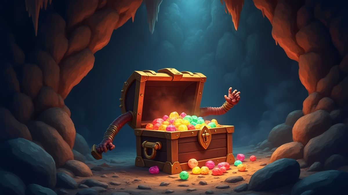 Minero celebrando após encontrar um baú cheio de gemas.