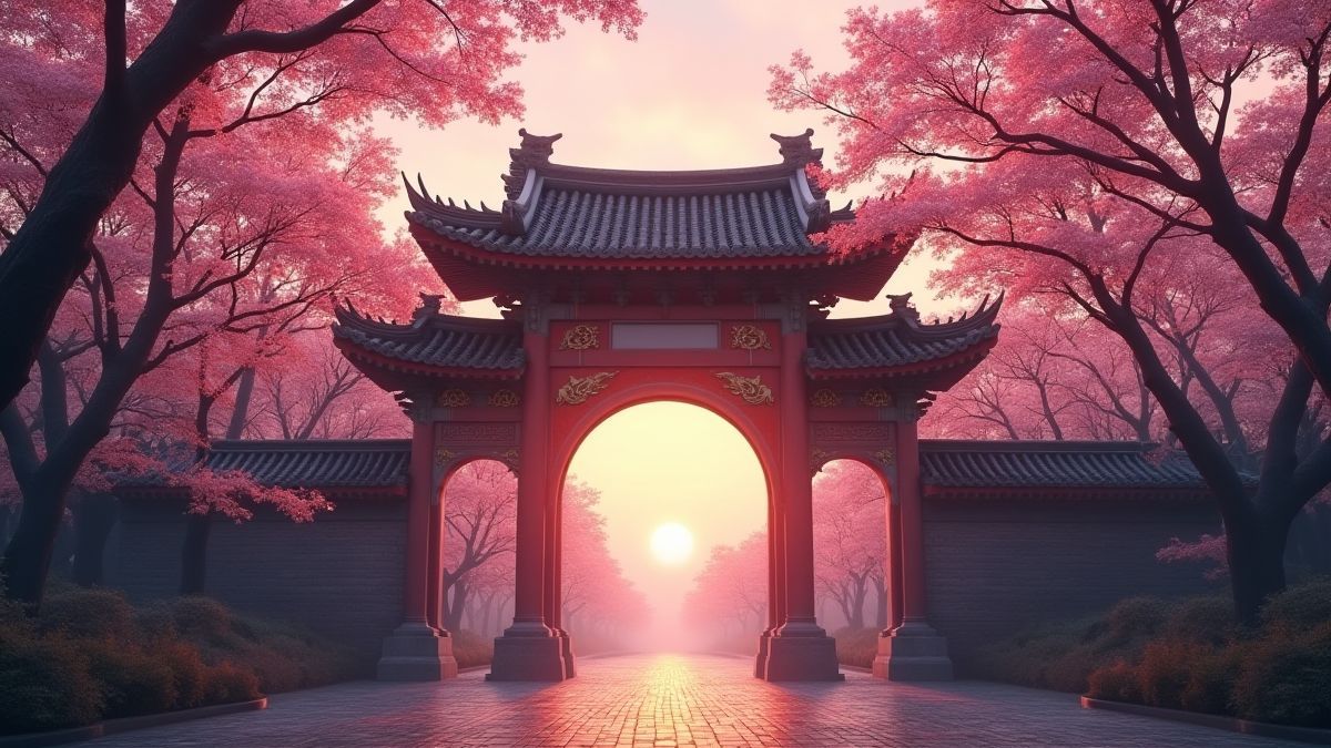 Een oude Chinese poort omringd door kersenbomen bij zonsopgang.