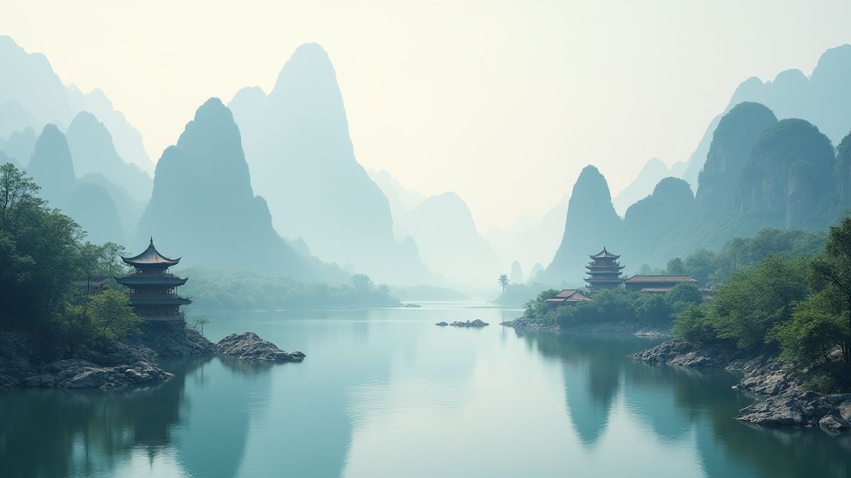 Een sereen Chinees landschap met bergen, tempels en een rustige rivier.