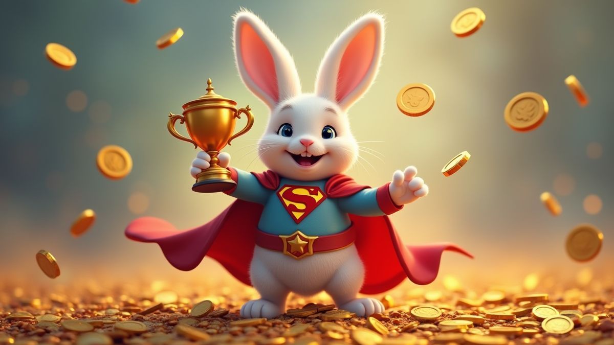 Conejo héroe con un trofeo rodeado de monedas