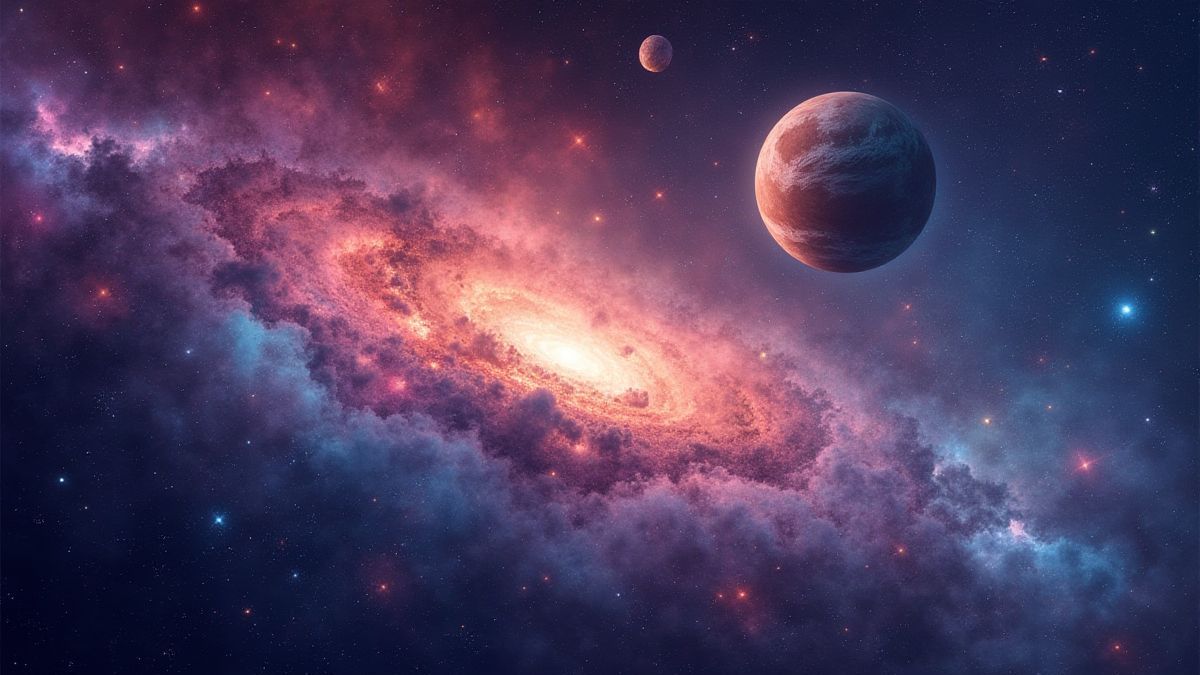 A cosmic background filled with stars and planets.