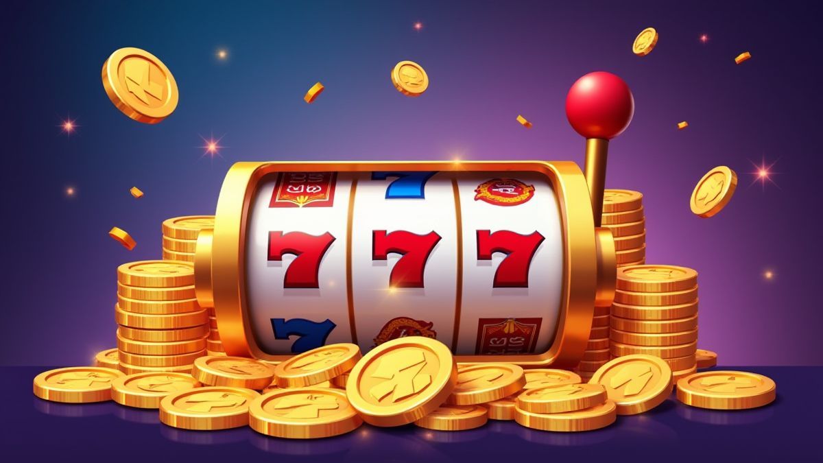Coins and slot reels in a colorful design.