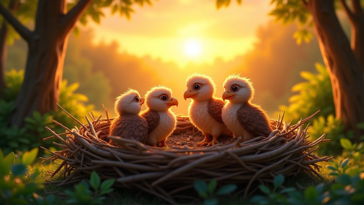 Eagle chicks in their nest under a sunrise.