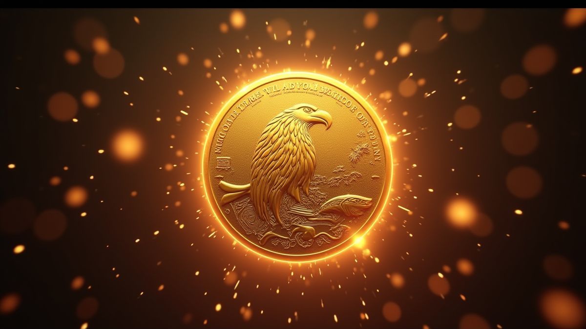 Golden tribal coin with eagle and salmon motifs.
