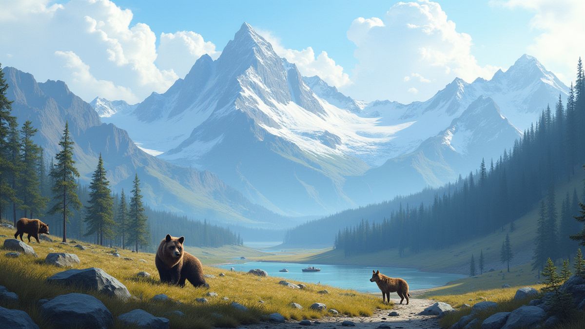 Vista de una cadena montañosa con animales salvajes como lobos y osos.