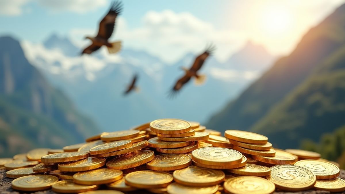 Monedas doradas dispersas sobre un paisaje montañoso con águilas volando.