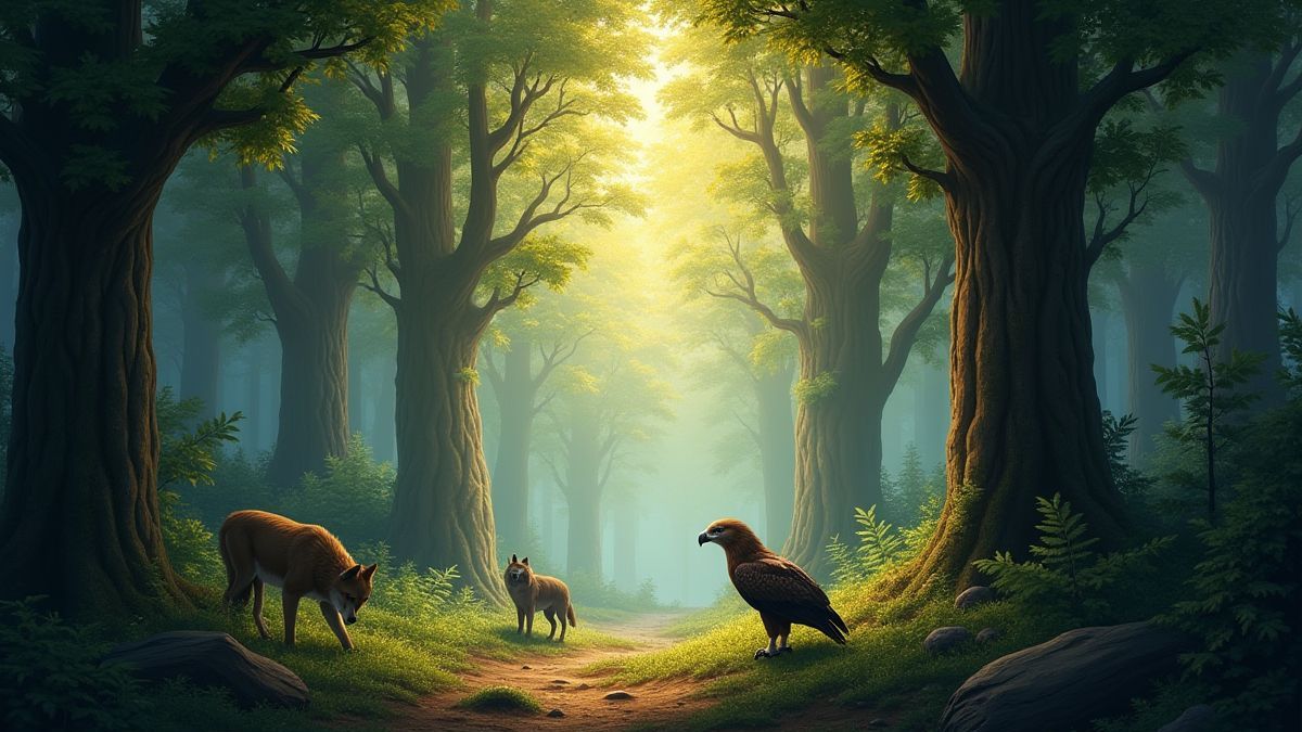 Un bosque con luz solar filtrándose entre los árboles y animales como lobos y águilas visibles.