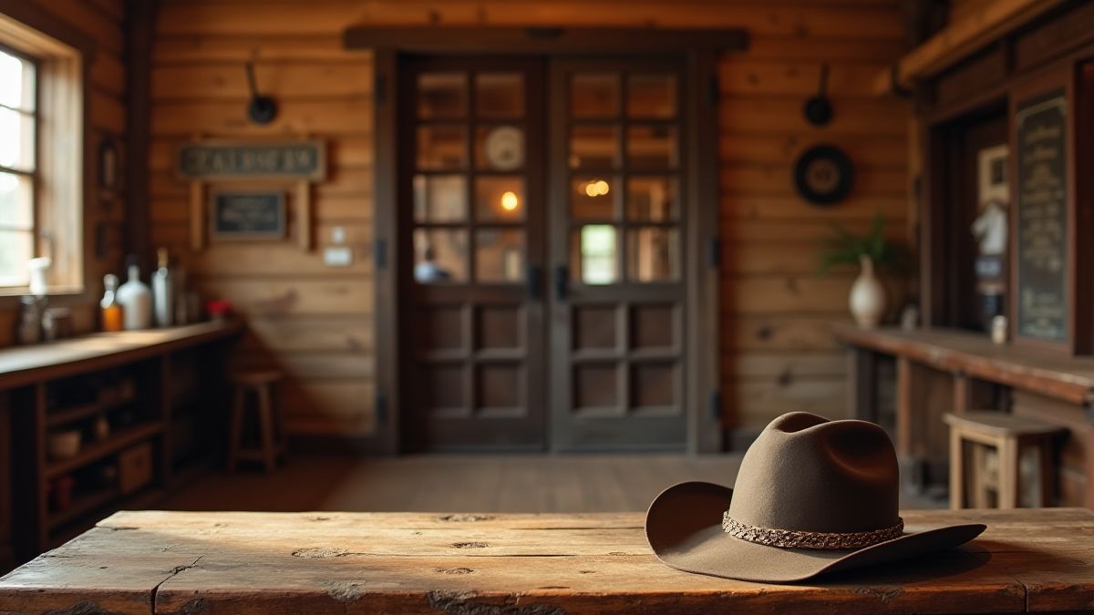 Um saloon rústico com portas batentes e um chapéu de cowboy em uma mesa.