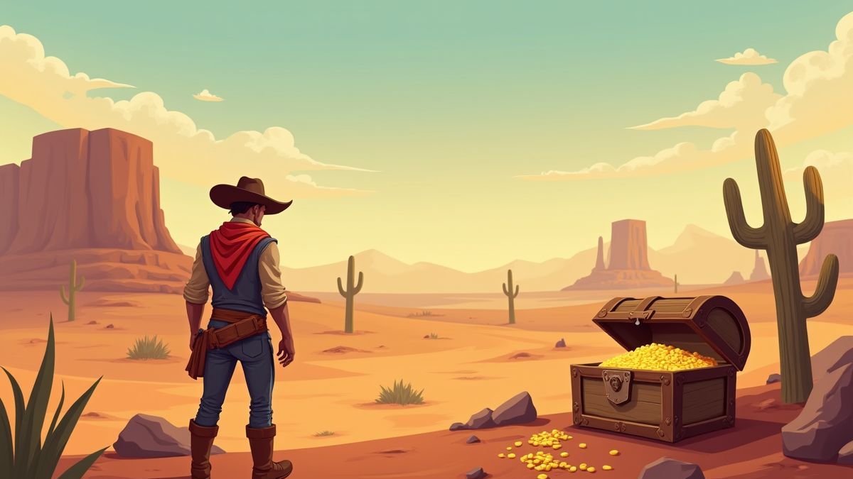Um cowboy ao lado de um cofre do tesouro em uma paisagem desértica.
