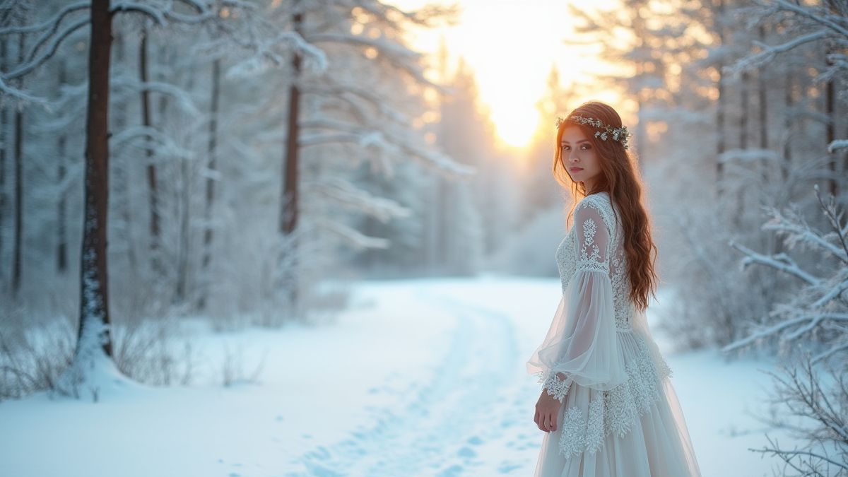 Eine Frau in einem verschneiten Wald mit einem weißen Kleid.