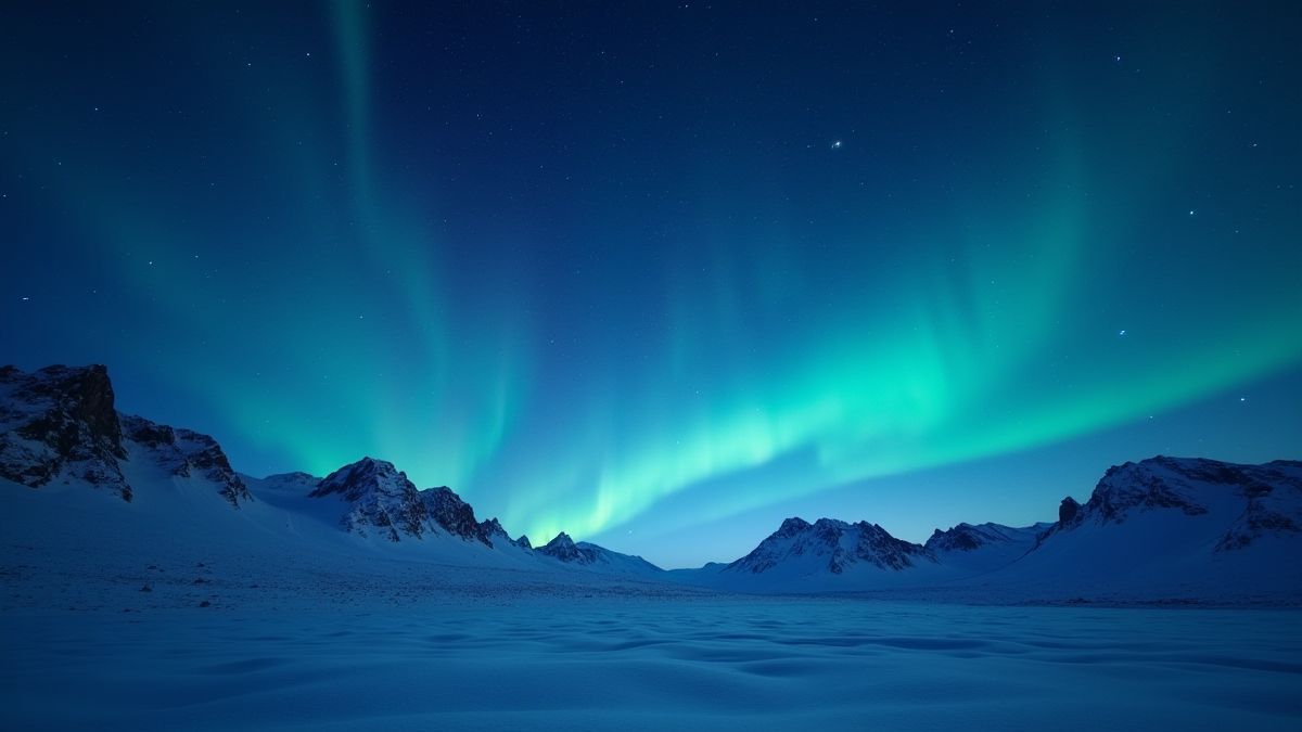 Ein sternenklarer Himmel mit tanzenden Polarlichtern über verschneiten Bergen.