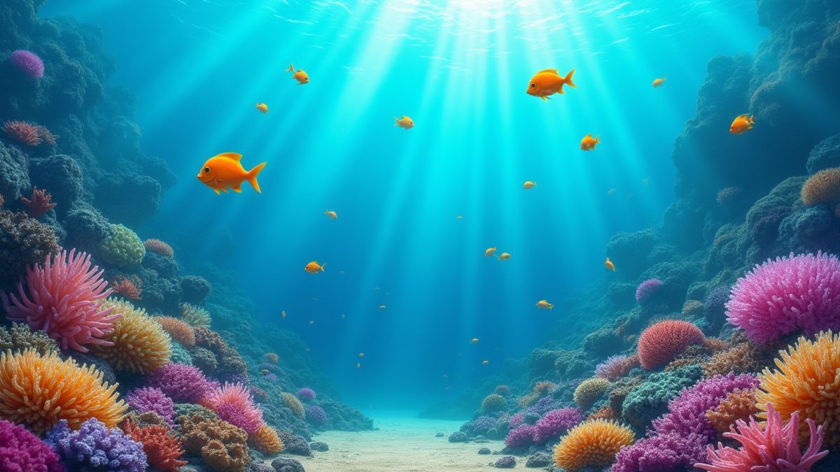Een koraalrif onderwater met levendige vissen en gouden schatten.
